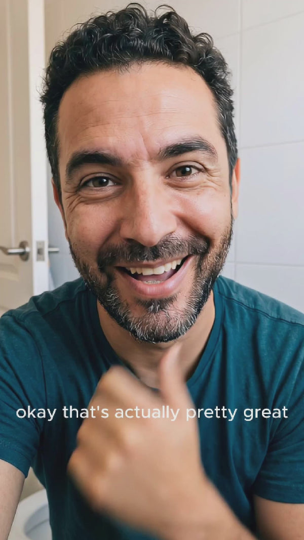 A mans selfie reaction video after trying his first rinse and clean "hey hey" saying "it's actually pretty great"